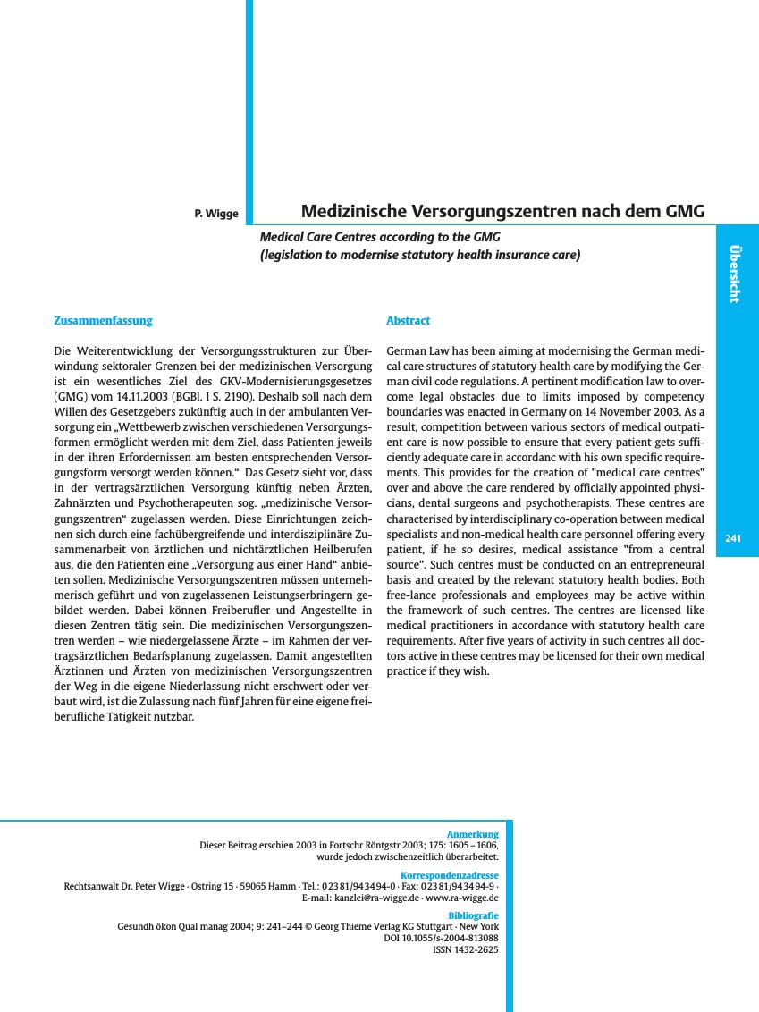 Vorschauseite 1: Medizinische Versorgungszentren nach dem GMG