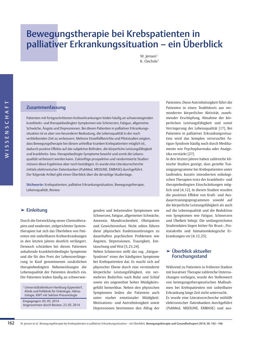 Vorschauseite 1: Bewegungstherapie bei Krebspatienten in palliativer Erkrankungssituation – ein Überblick