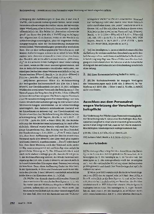 Vorschauseite 1: Ausschluss aus dem Personalrat wegen Verletzung der Verschwiegenheitspflicht.