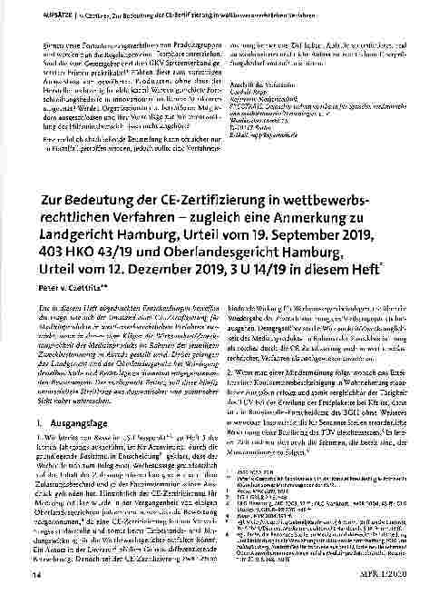 Vorschauseite 1: Zur Bedeutung der CE-Zertifizierung in wettbewerbsrechtlichen Verfahren - zugleich eine Anmerkung zu Landgericht Hamburg, Urteil vom 19. September 2019, 403 HKO 43/19 und Oberland…