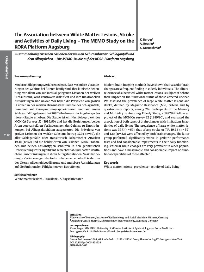Vorschauseite 1: The Association between White Matter Lesions, Stroke and Activities of Daily Living - The MEMO Study on the KORA Platform Augsburg