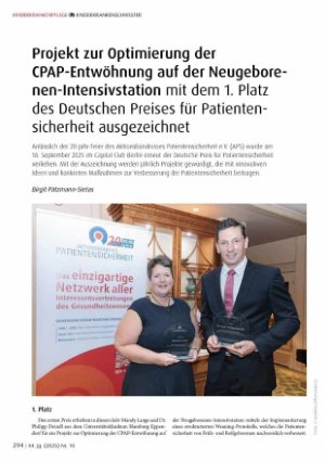 Vorschauseite 1: Projekt zur Optimierung der CPAP-Entwöhnung auf der Neugeborenen-lntensivstation mit dem 1. Platz des Deutschen Preises für Patienten sicherheit ausgezeichnet
