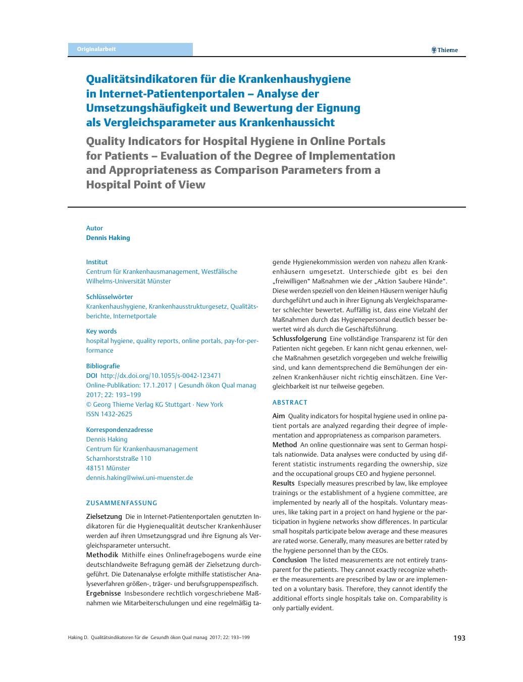 Vorschauseite 1: Qualitätsindikatoren für die Krankenhaushygiene in Internet-Patientenportalen – Analyse der Umsetzungshäufigkeit und Bewertung der Eignung als Vergleichsparameter aus Krankenhauss…