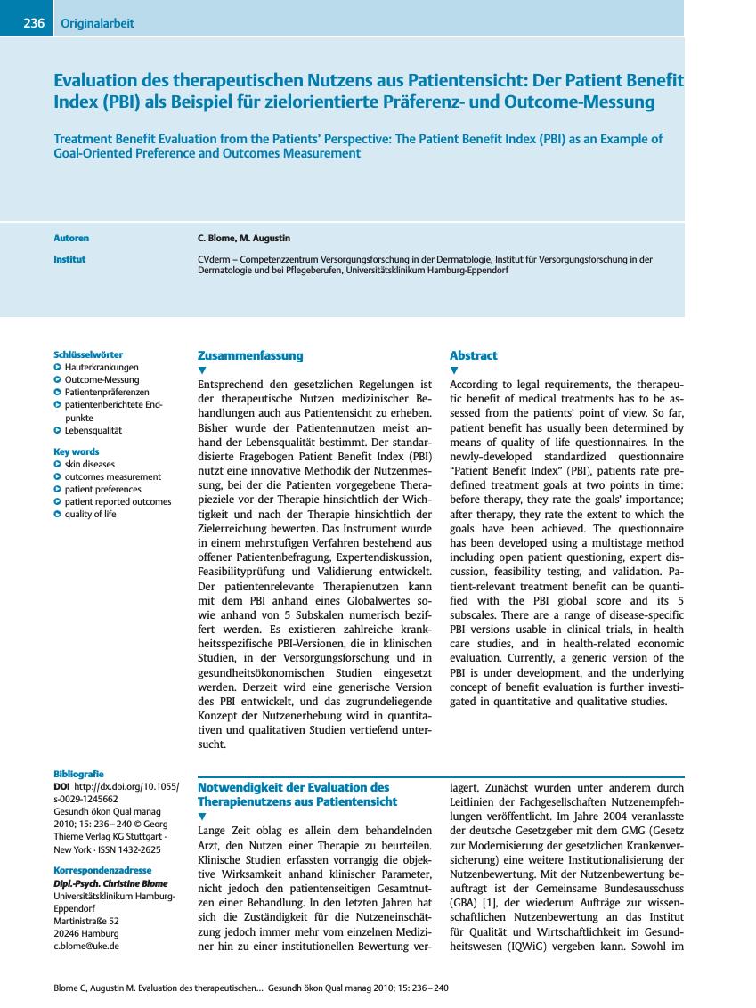 Vorschauseite 1: Evaluation des therapeutischen Nutzens aus Patientensicht: Der Patient Benefit Index (PBI) als Beispiel für zielorientierte Präferenzund Outcome-Messung