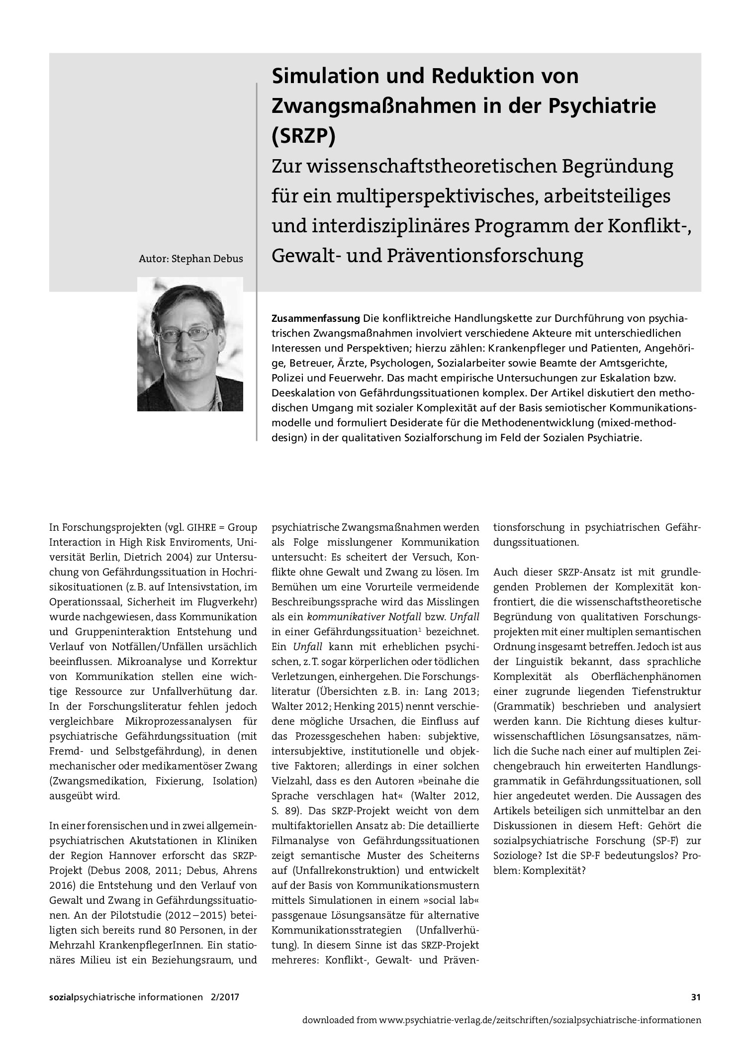 Vorschauseite 1: Simulation und Reduktion von Zwangsmaßnahmen in der Psychiatrie (SRZP)