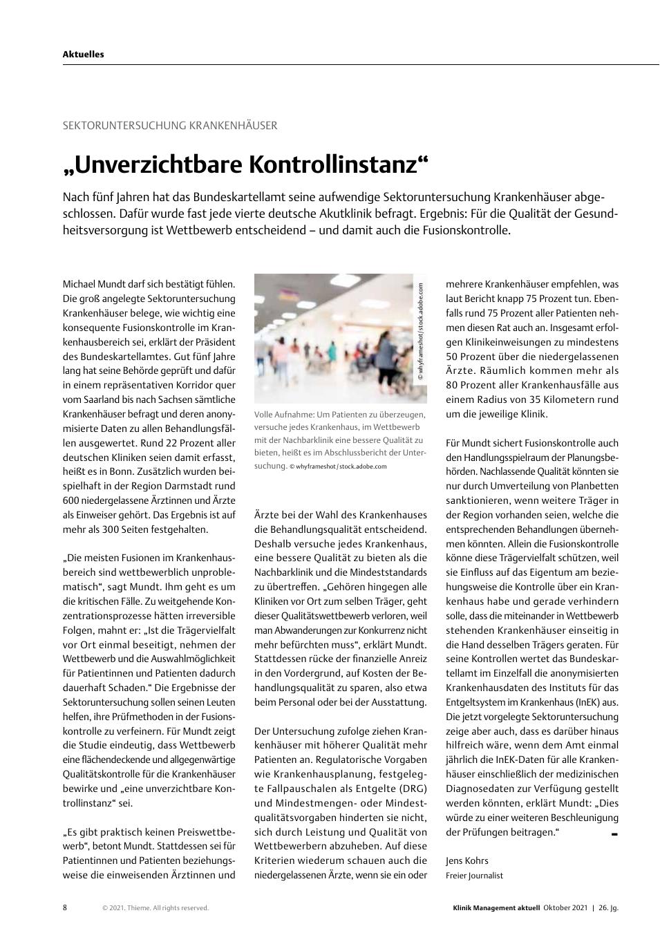 Vorschauseite 1: Sektoruntersuchung Krankenhäuser: „Unverzichtbare Kontrollinstanz“