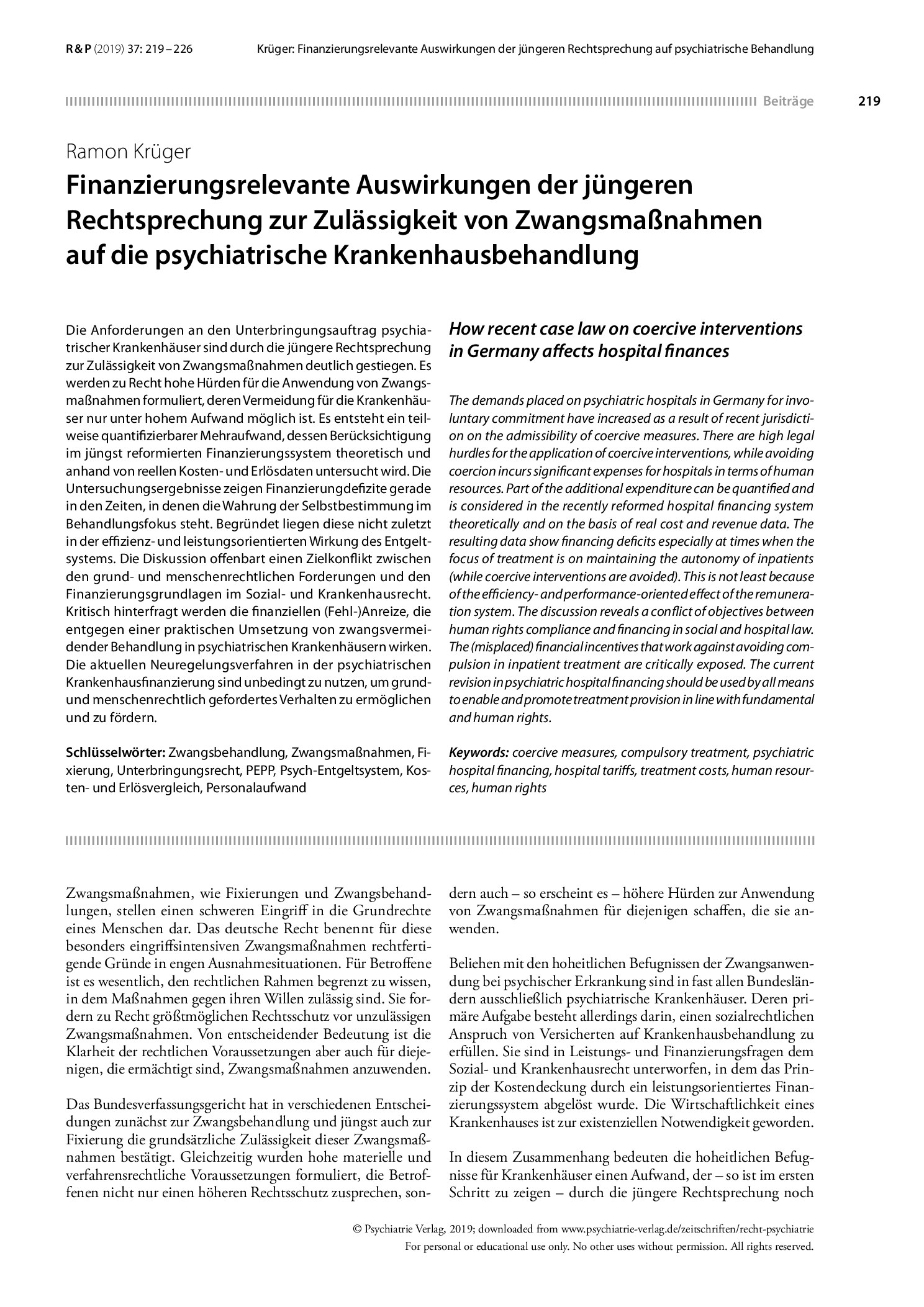 Vorschauseite 1: Finanzierungsrelevante Auswirkungen der jüngeren Rechtsprechung zur Zulässigkeit von Zwangsmaßnahmen auf die psychiatrische Krankenhausbehandlung
