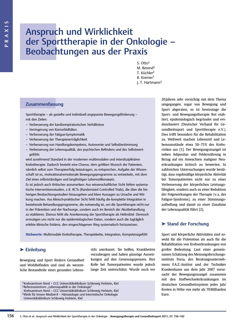 Vorschauseite 1: Anspruch und Wirklichkeit der Sporttherapie in der Onkologie – Beobachtungen aus der Praxis