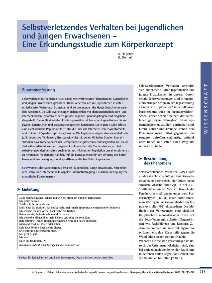 Vorschauseite 1: Selbstverletzendes Verhalten bei Jugendlichen und jungen Erwachsenen - Eine Erkundungsstudie zum Körperkonzept