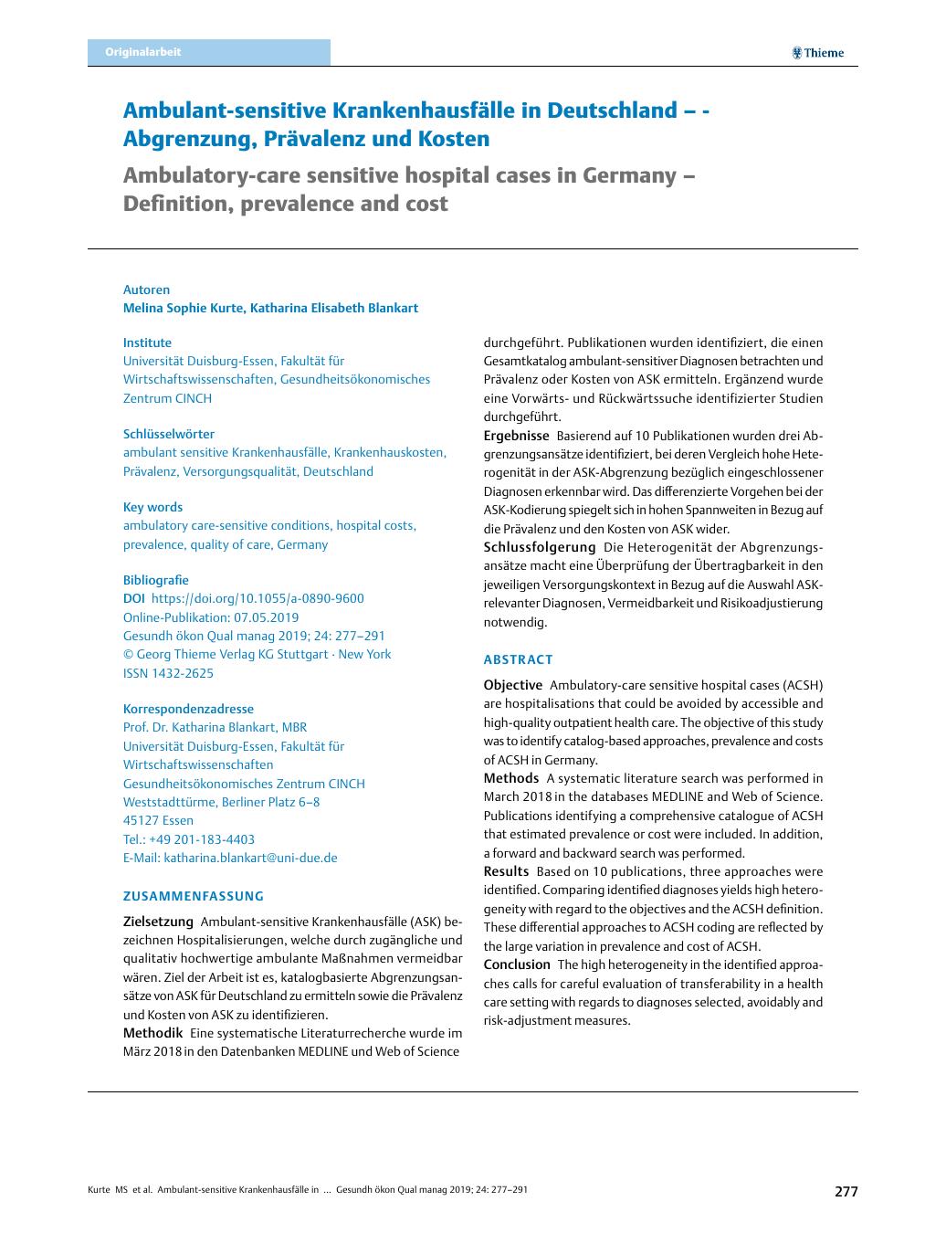 Vorschauseite 1: Ambulant-sensitive Krankenhausfälle in Deutschland – Abgrenzung, Prävalenz und Kosten