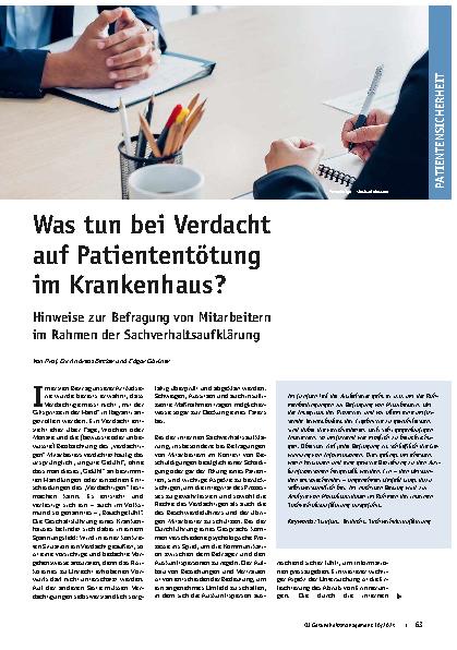 Vorschauseite 1: Was tun bei Verdacht auf Patiententötung im Krankenhaus? Hinweise zur Befragung von Mitarbeitern im Rahmen der Sachverhaltsaufklärung.