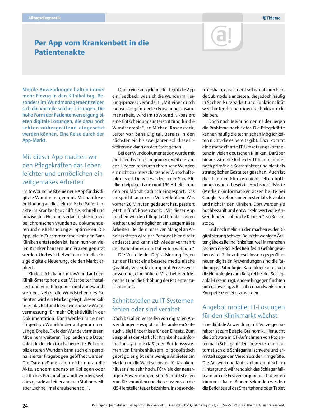 Vorschauseite 1: Per App vom Krankenbett in die Patientenakte
