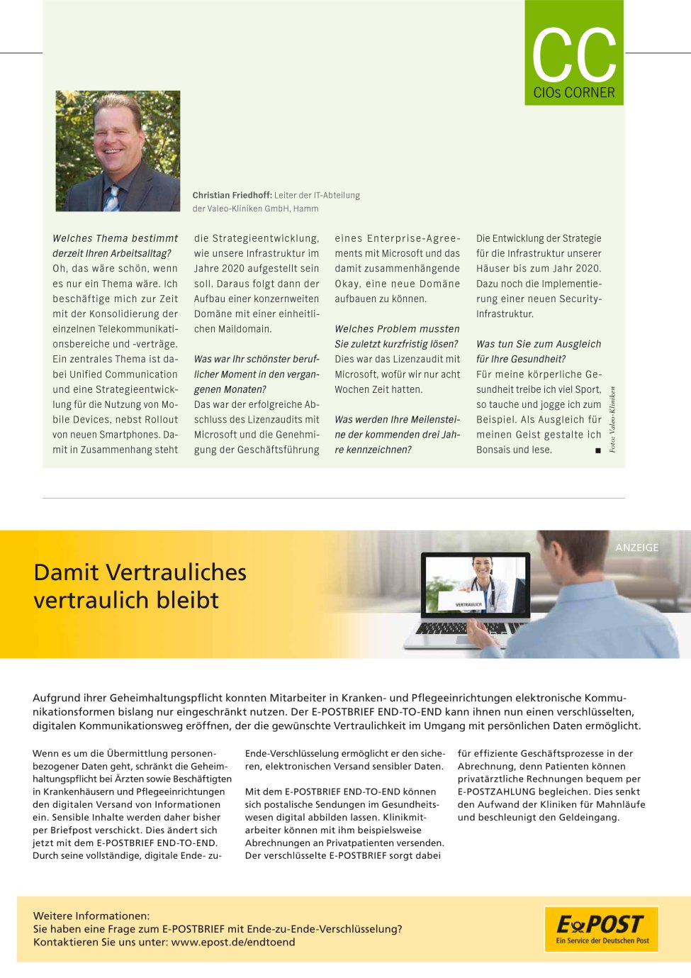 Vorschauseite 1: Christian Friedhoff: Leiter der IT-Abteilung der Valeo-Kliniken GmbH, Hamm