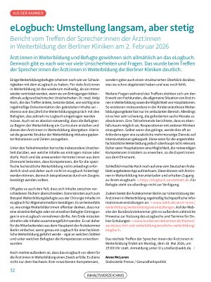 Vorschauseite 1: eLogbuch: Umstellung langsam, aber stetig Bericht vom Treffen der Sprecher: innen der Ärzt: innen in Weiterbildung der Berliner Kliniken am 2. Februar 2026
