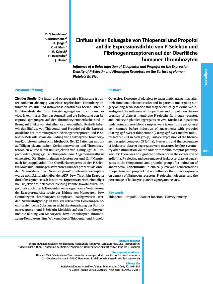 Vorschauseite 1: Einfluss einer Bolusgabe von Thiopental und Propofol auf die Expressionsdichte von P-Selektin und Fibrinogenrezeptoren auf der Oberfläche humaner Thrombozyten