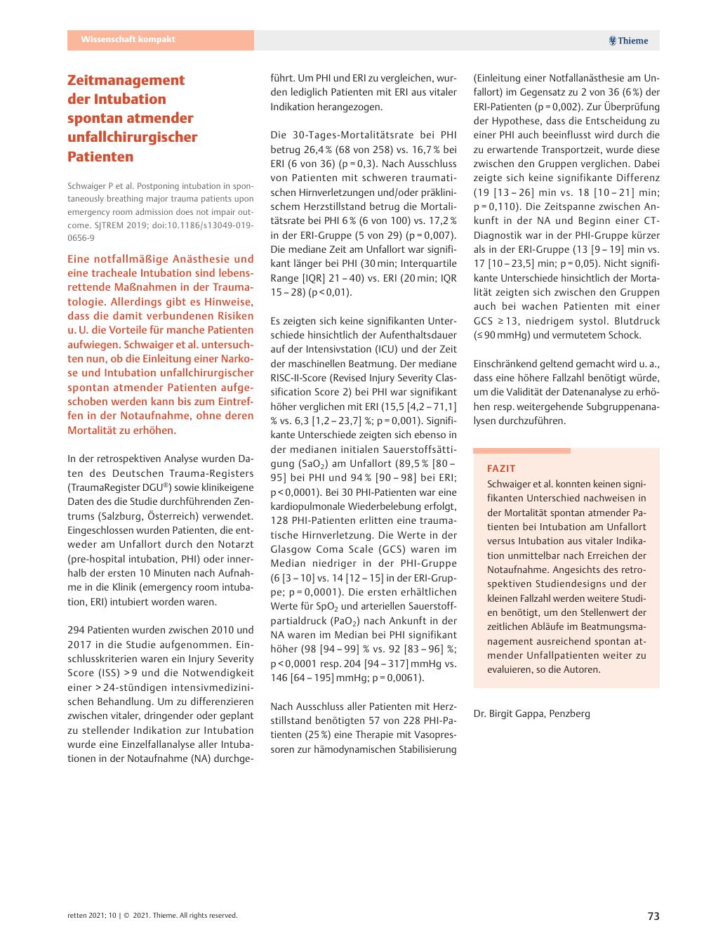 Vorschauseite 1: Zeitmanagement der Intubation spontan atmender unfallchirurgischer Patienten