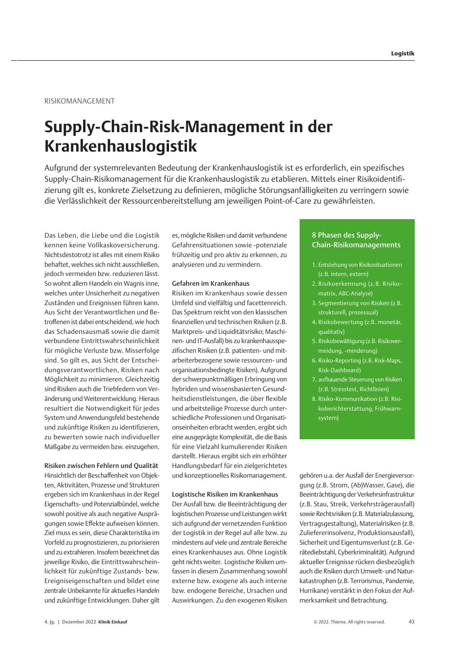 Vorschauseite 1: Risikomanagement: Supply-Chain-Risk-Management in der Krankenhauslogistik