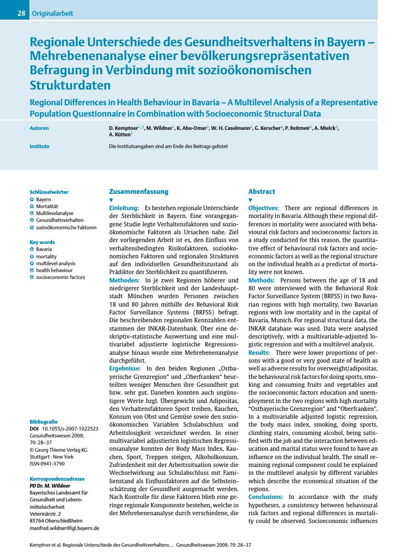 Vorschauseite 1: Regionale Unterschiede des Gesundheitsverhaltens in Bayern - Mehrebenenanalyse einer bevölkerungsrepräsentativen Befragung in Verbindung mit sozioökonomischen Strukturdaten