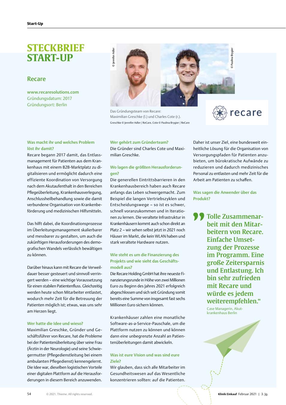 Vorschauseite 1: Steckbrief Start-Up: Recare
