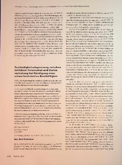 Vorschauseite 1: Zuständigkeitsabgrenzung zwischen örtlichem Personalrat und Stufenvertretung bei Kündigung eines Schwerbehinderten Beschäftigten