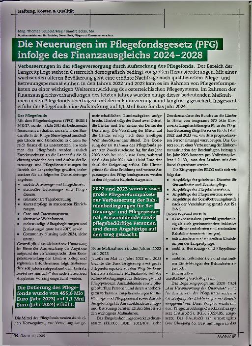 Vorschauseite 1: Die Neuerungen im Pflegefondsgesetz (PFG) infolge des Finanzausgleichs 2024-2028.