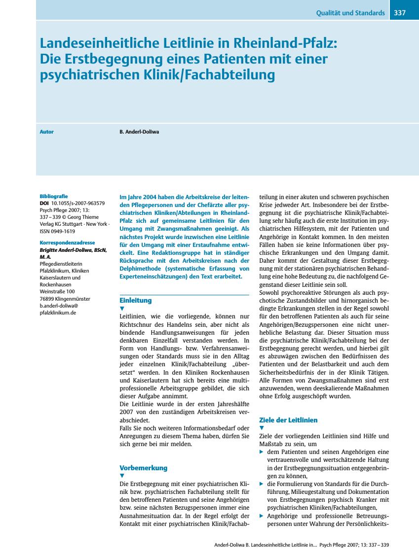 Vorschauseite 1: Landeseinheitliche Leitlinie in Rheinland-Pfalz: Die Erstbegegnung eines Patienten mit einer psychiatrischen Klinik/Fachabteilung