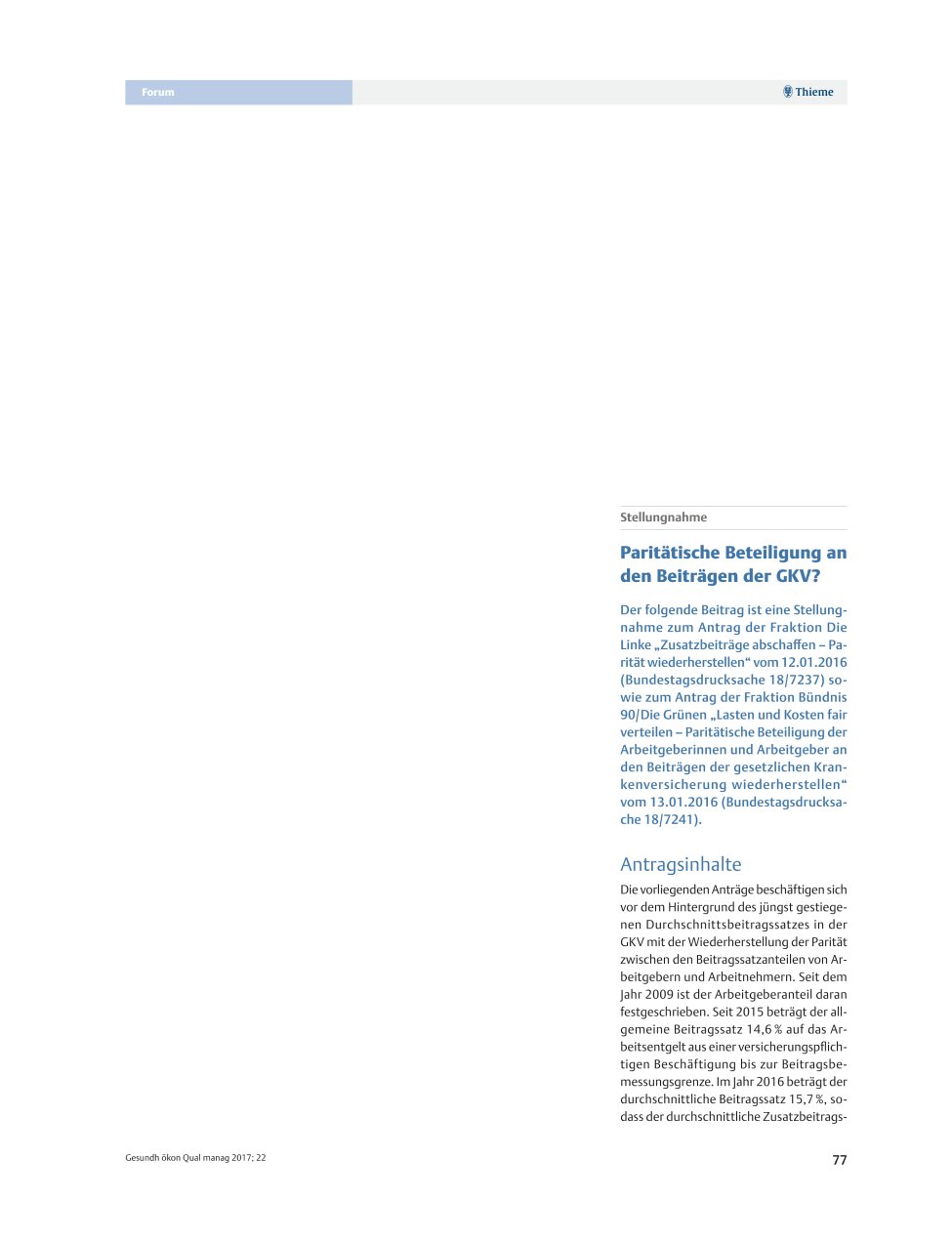Vorschauseite 1: Stellungnahme – Paritätische Beteiligung an den Beiträgen der GKV?