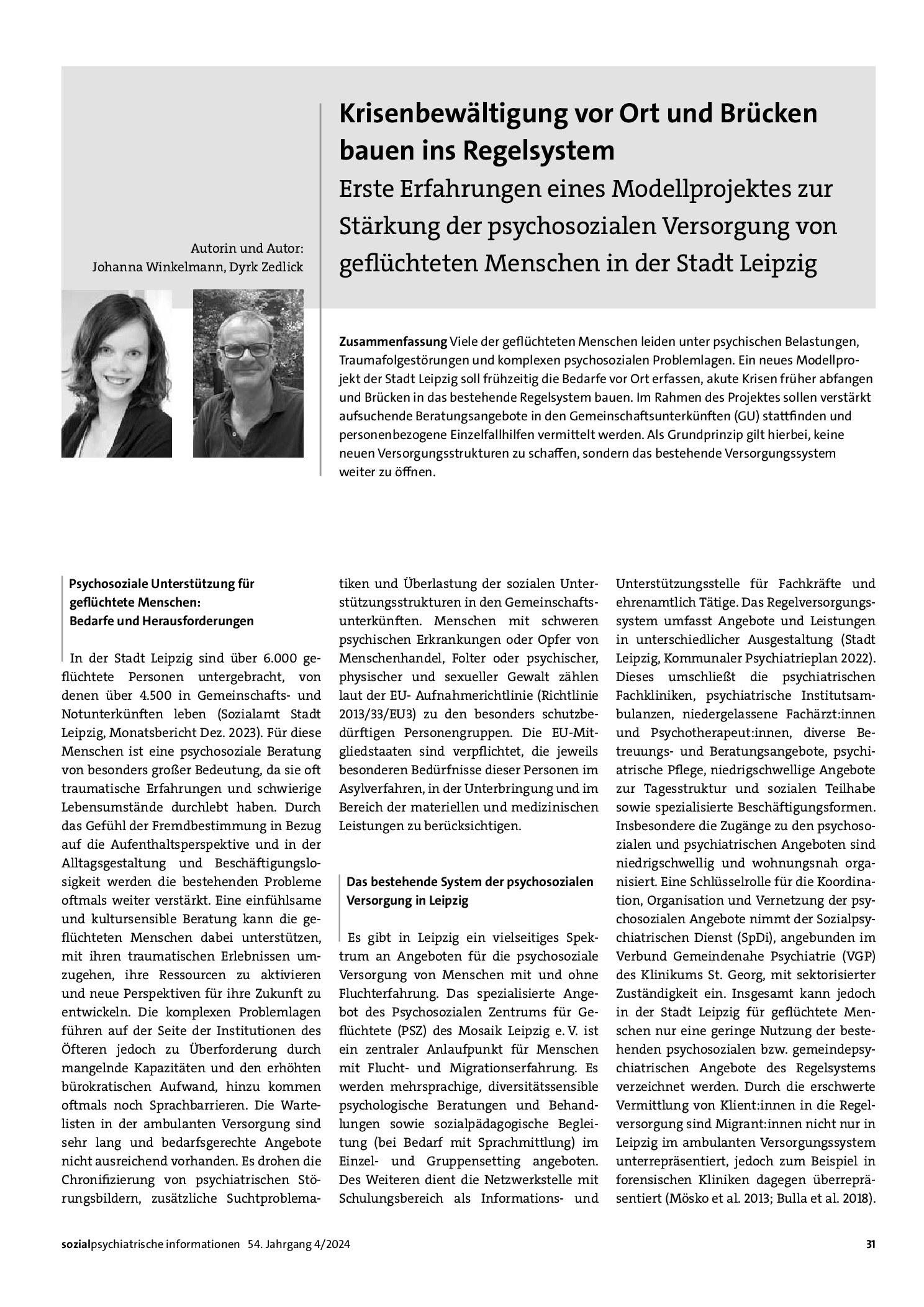 Vorschauseite 1: Krisenbewältigung vor Ort und Brücken bauen ins Regelsystem. Erste Erfahrungen eines Modellprojektes zur Stärkung der psychosozialen Versorgung von geflüchteten Menschen in der St…