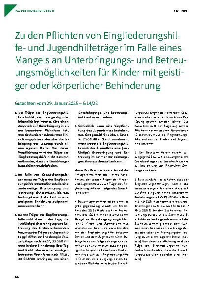 Vorschauseite 1: Zu den Pflichten von Eingliederungshilfeund Jugendhilfeträger im Falle eines Mangels an Unterbringungsund Betreuungsmöglichkeiten für Kinder mit geistiger oder körperlicher Behind…