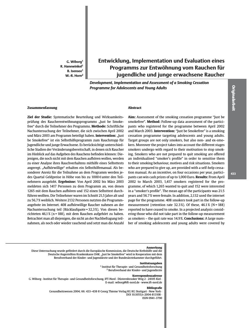 Vorschauseite 1: Entwicklung, Implementation und Evaluation eines Programms zur Entwöhnung vom Rauchen für jugendliche und junge erwachsene Raucher
