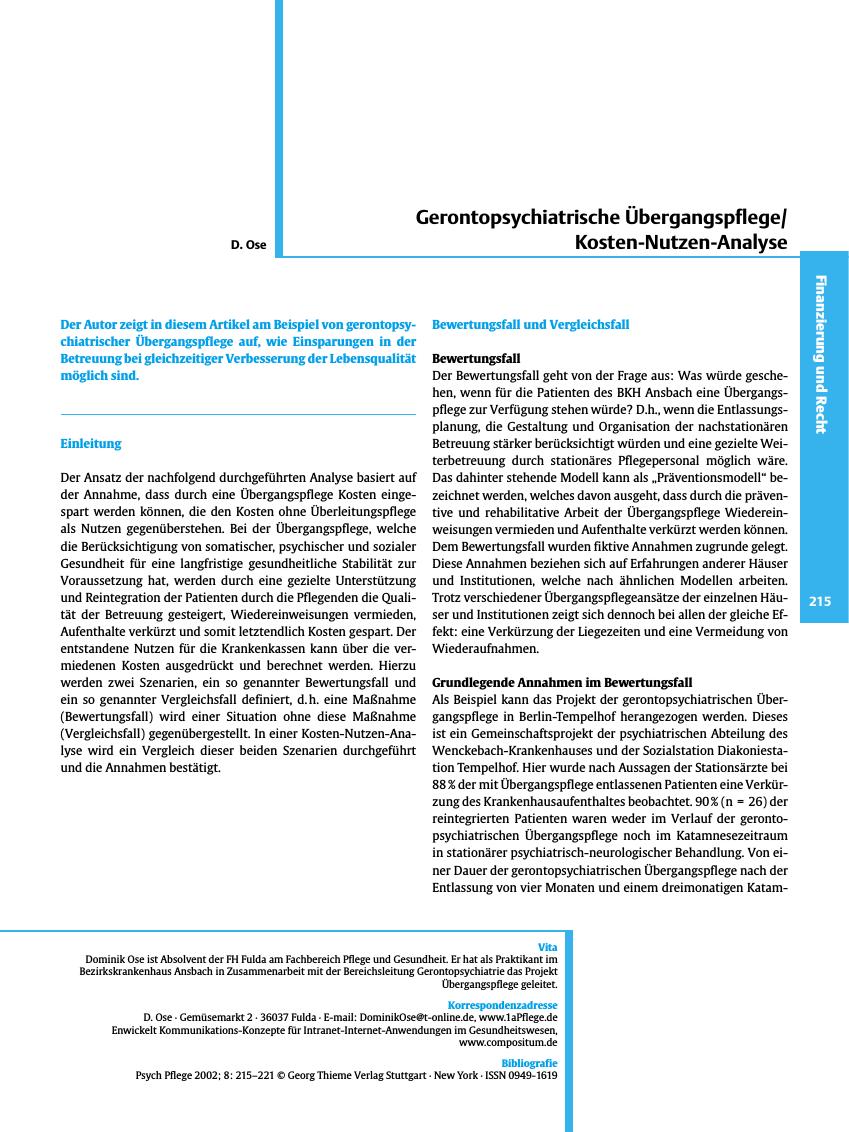 Vorschauseite 1: Gerontopsychiatrische Übergangspflege/Kosten-Nutzen-Analyse
