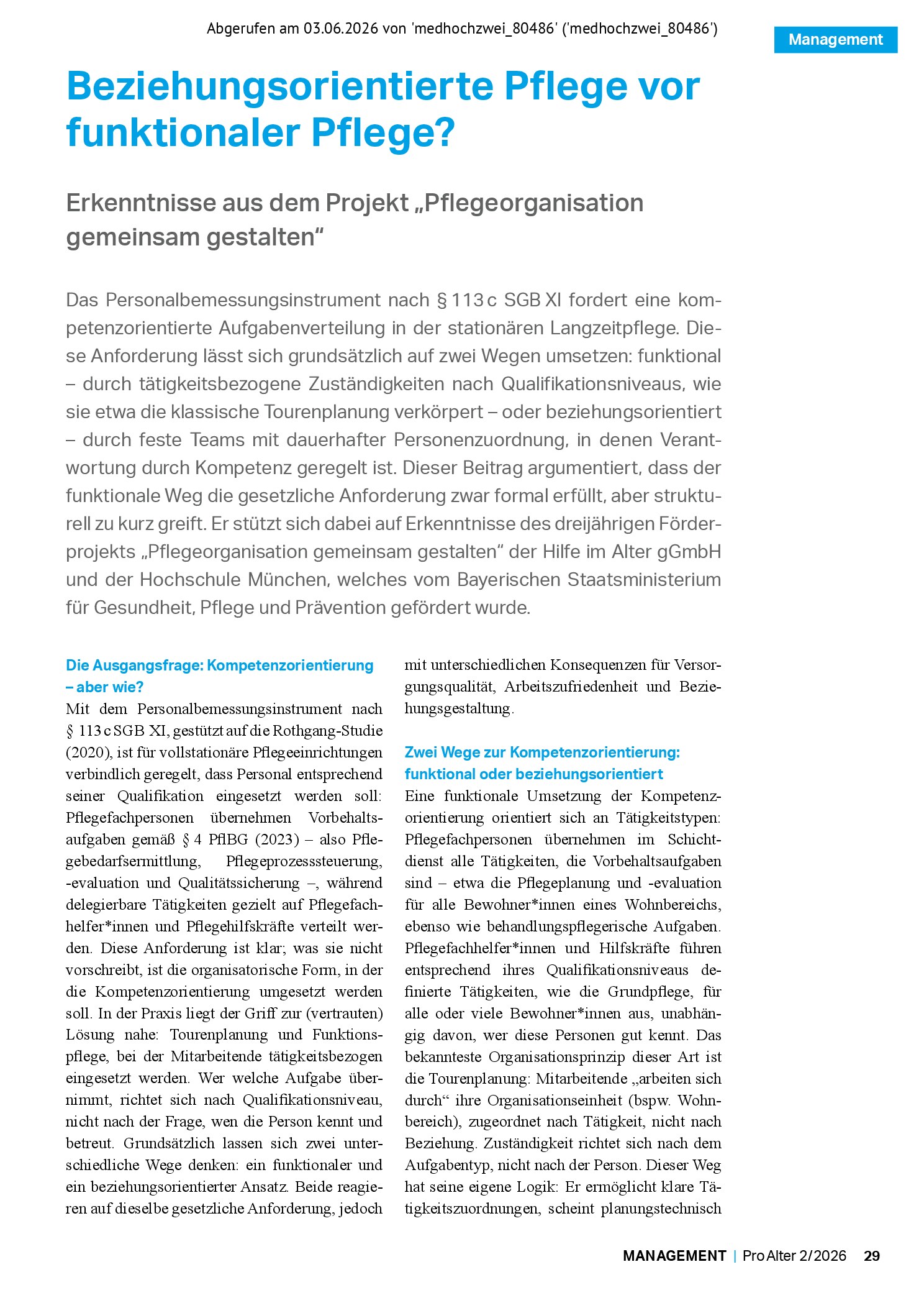 Vorschauseite 1: Beziehungsorientierte Pflege vor funktionaler Pflege? Erkenntnisse aus dem Projekt „Pflegeorganisation gemeinsam gestalten“