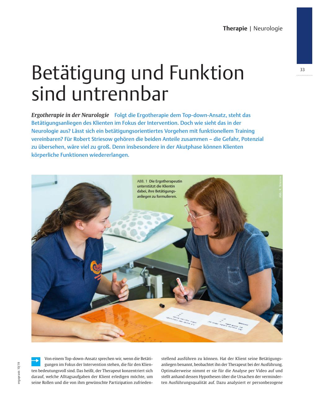 Vorschauseite 1: Betätigung und Funktion sind untrennbar ? Ergotherapie in der Neurologie