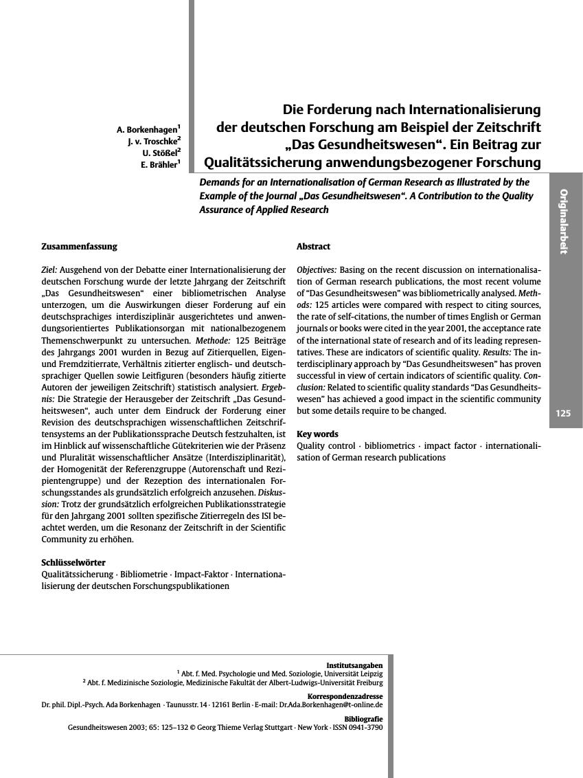Vorschauseite 1: Die Forderung nach Internationalisierung der deutschen Forschung am Beispiel der Zeitschrift „Das Gesundheitswesen”. Ein Beitrag zur Qualitätssicherung anwendungsbezogener Forschu…