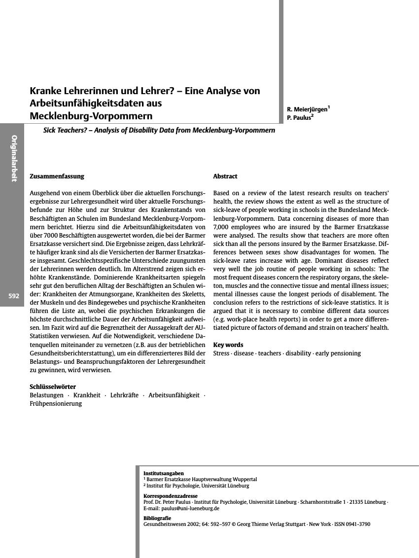 Vorschauseite 1: Kranke Lehrerinnen und Lehrer? - Eine Analyse von Arbeitsunfähigkeitsdaten aus Mecklenburg-Vorpommern