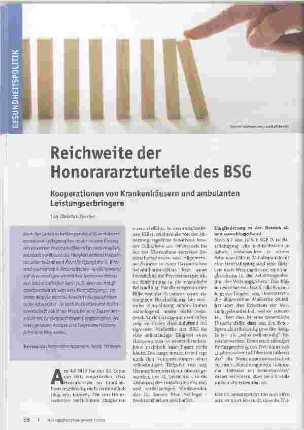 Vorschauseite 1: Reichweite der Honorararzturteile des BSG