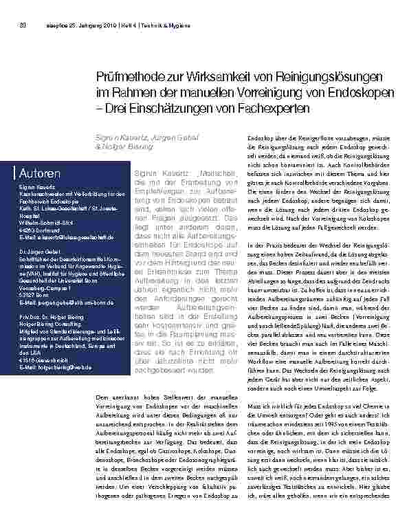 Vorschauseite 1: Prüfmethode zur Wirksamkeit von Reinigungslösungen im Rahmen der manuellen Vorreinigung von Endoskopen – Drei Einschätzungen von Fachexperten
