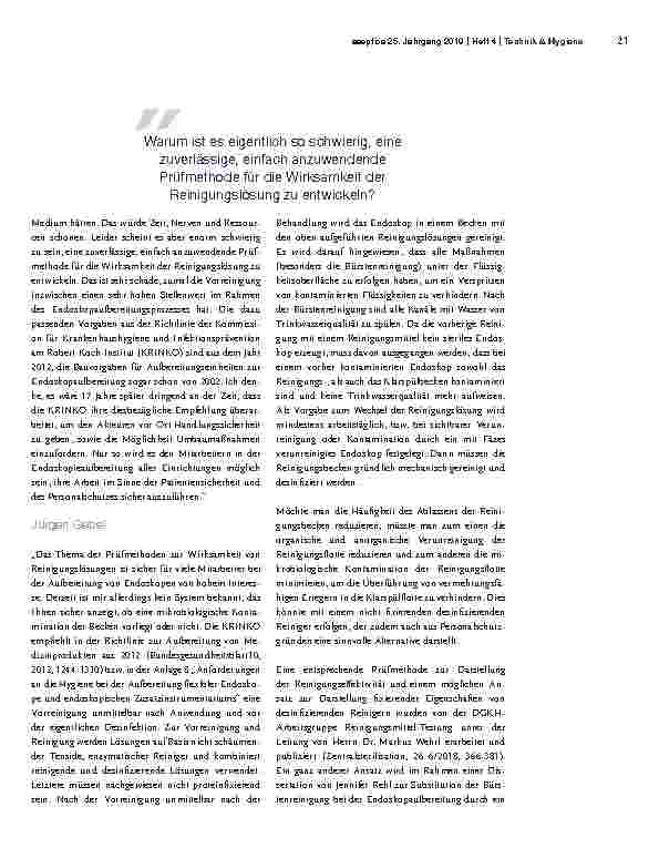 Vorschauseite 2: Prüfmethode zur Wirksamkeit von Reinigungslösungen im Rahmen der manuellen Vorreinigung von Endoskopen – Drei Einschätzungen von Fachexperten