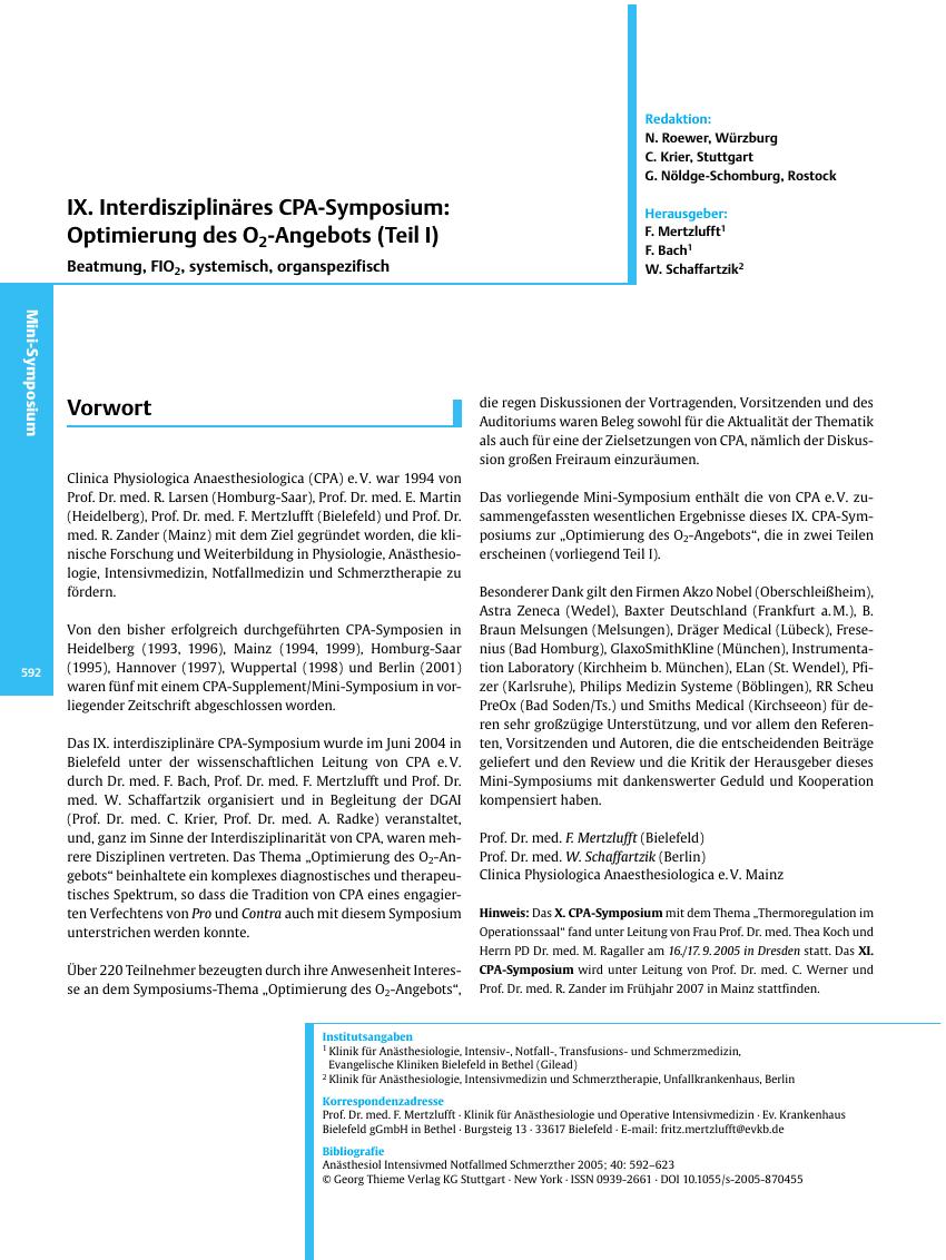 Vorschauseite 1: IX. Interdisziplinäres CPA-Symposium: Optimierung des O2-Angebots (Teil I)