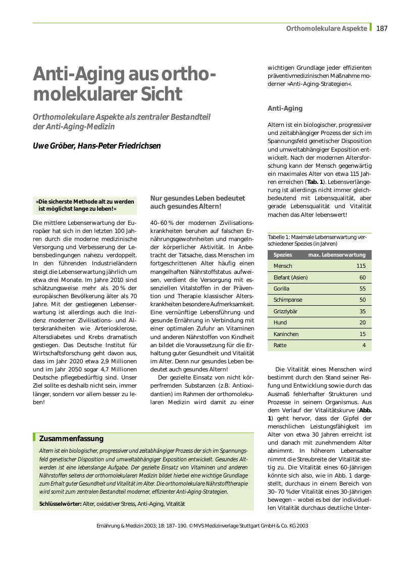Vorschauseite 1: Anti-Aging aus ortho-molekularer Sicht - Orthomolekulare Aspekte als zentraler Bestandteil der Anti-Aging-Medizin