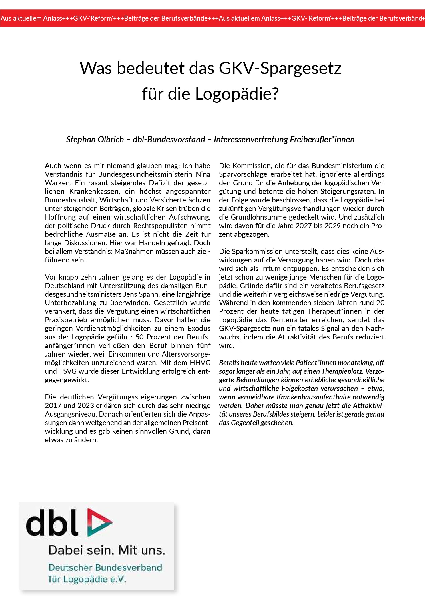 Vorschau: Was bedeutet das GKV-Spargesetz für die Logopädie?
