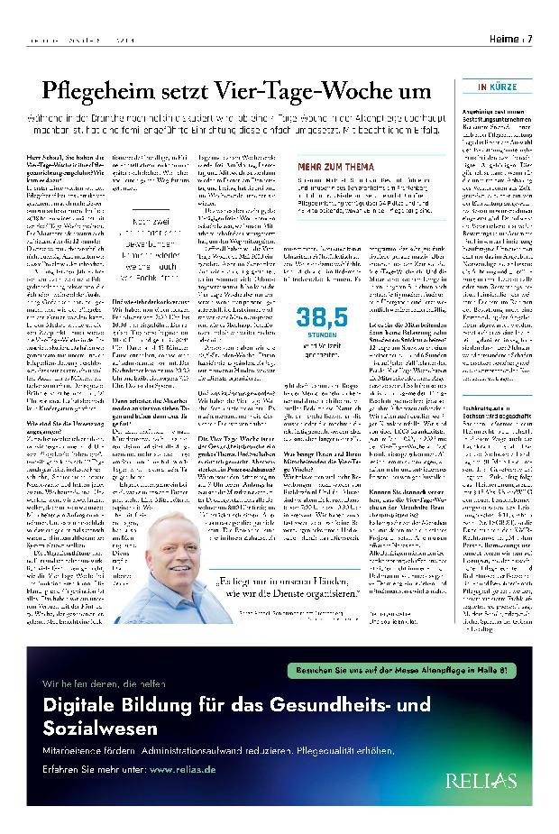 Vorschauseite 1: Pflegeheim setzt Vier-Tage-Woche um