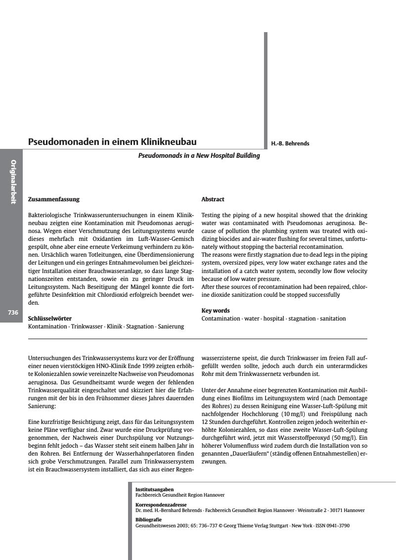 Vorschauseite 1: Pseudomonaden in einem Klinikneubau