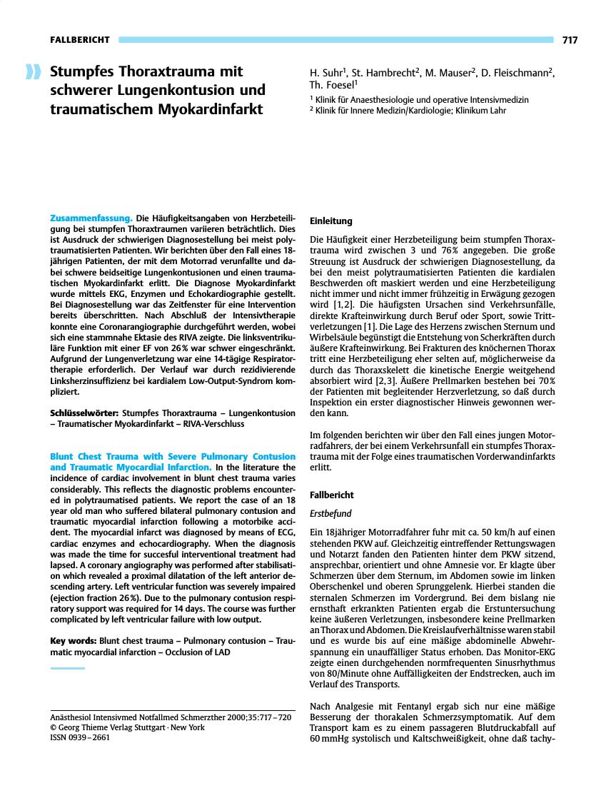 Vorschauseite 1: Stumpfes Thoraxtrauma mit schwerer Lungenkontusion und traumatischem Myokardinfarkt