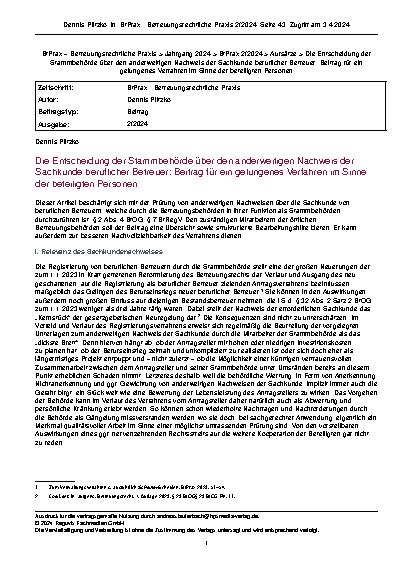 Vorschauseite 1: Die Entscheidung der Stammbehörde über den anderweitigen Nachweis der Sachkunde beruflicher Betreuer: Beitrag für ein gelungenes Verfahren im Sinne der beteiligten Personen.