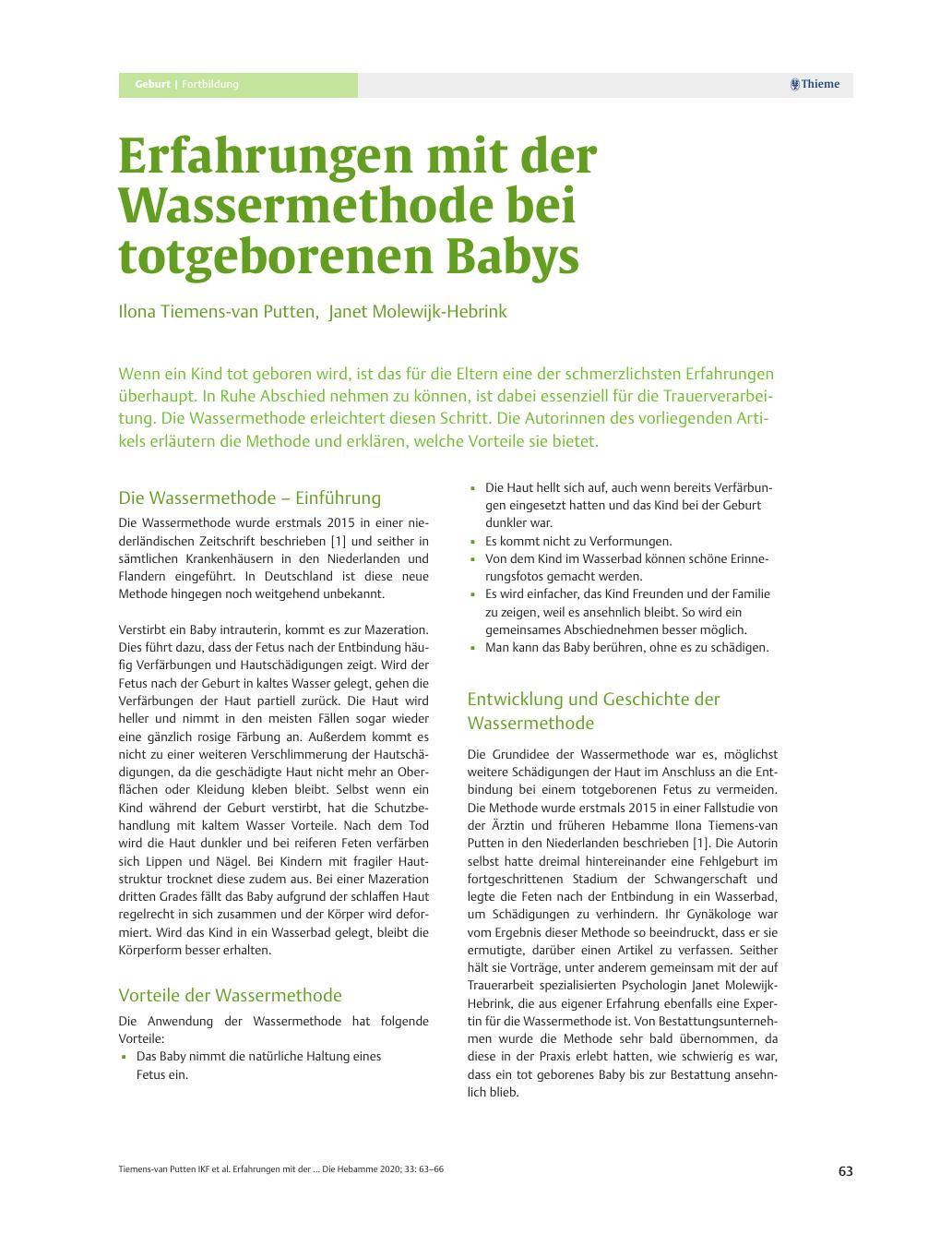 Vorschauseite 1: Erfahrungen mit der Wassermethode bei totgeborenen Babys