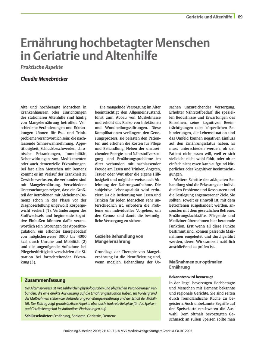 Vorschauseite 1: Ernährung hochbetagter Menschen in Geriatrie und Altenhilfe