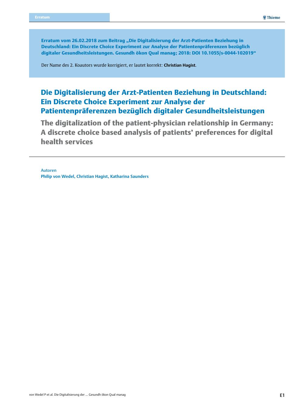 Vorschauseite 1: Erratum: Die Digitalisierung der Arzt-Patienten Beziehung in Deutschland: Ein Discrete Choice Experiment zur Analyse der Patientenpräferenzen bezüglich digitaler Gesundheitsleistu…