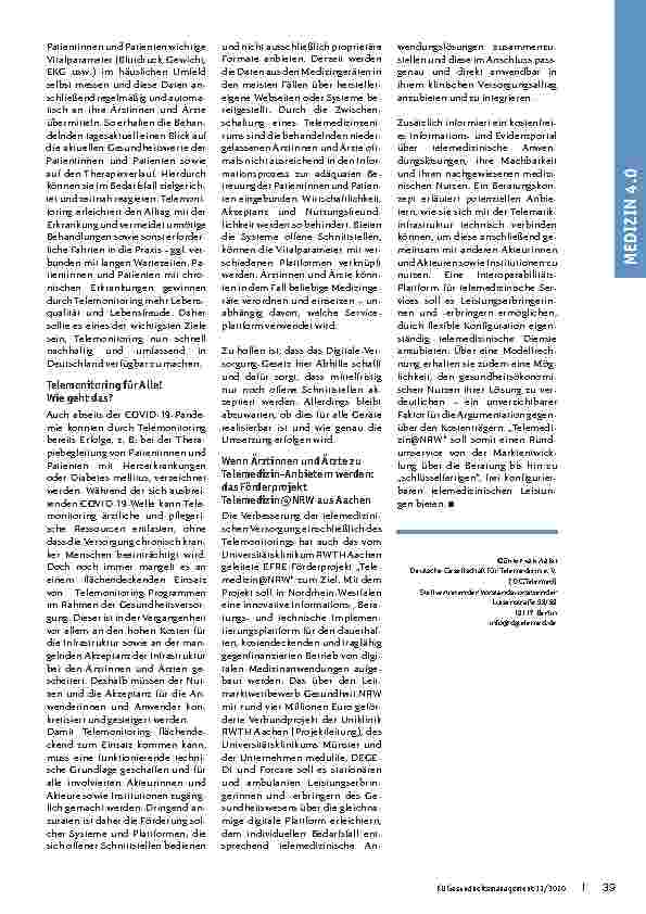 Vorschauseite 2: Telemedizin und Telemonitoring - Ein Weg zur kontinuierlichen, distanzunabhängigen medizinischen Betreuung und Überwachung chronisch Kranker.