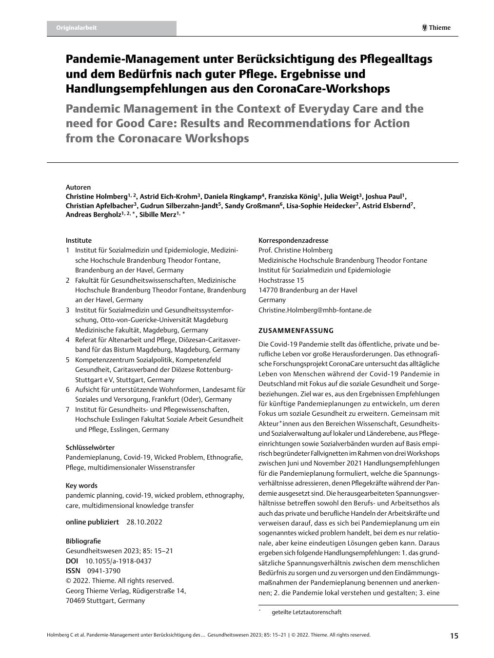 Vorschauseite 1: Pandemiemanagement unter Berücksichtigung des Pflegealltags und dem Bedürfnis nach guter Pflege. Ergebnisse und Handlungsempfehlungen aus den CoronaCare-Workshops.